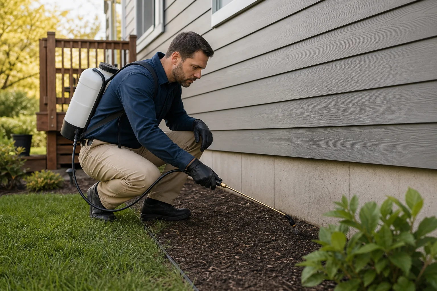 Technician applying exterior perimeter pest treatment beside a clean home