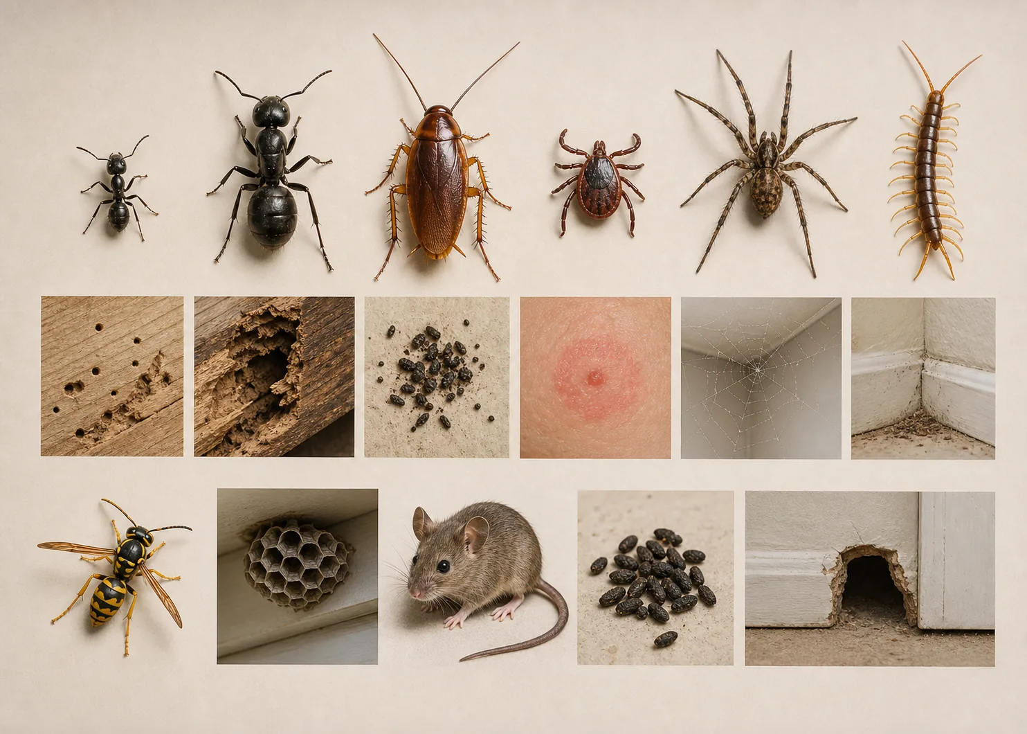 Clean pest identification board with ants, cockroach, termite activity, rodent signs, bed bugs, mosquito, spider, wasp, flea and tick