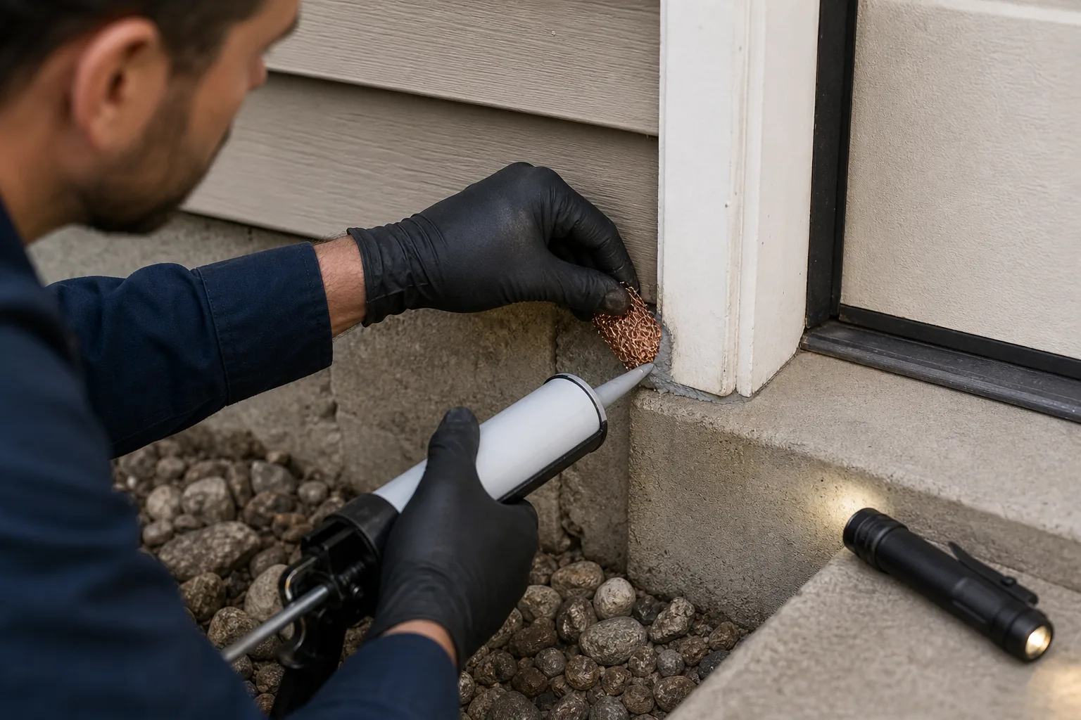 Technician inspecting a garage threshold and foundation entry point for rodent access