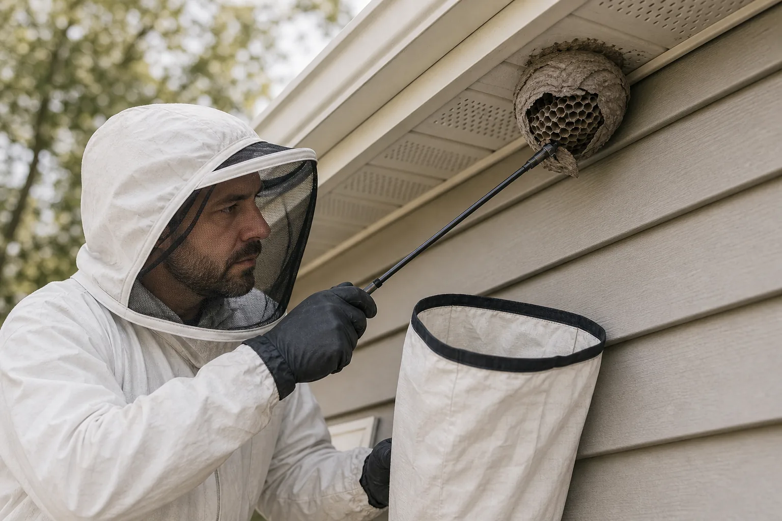 Technician safely inspecting a small wasp nest below a home eave
