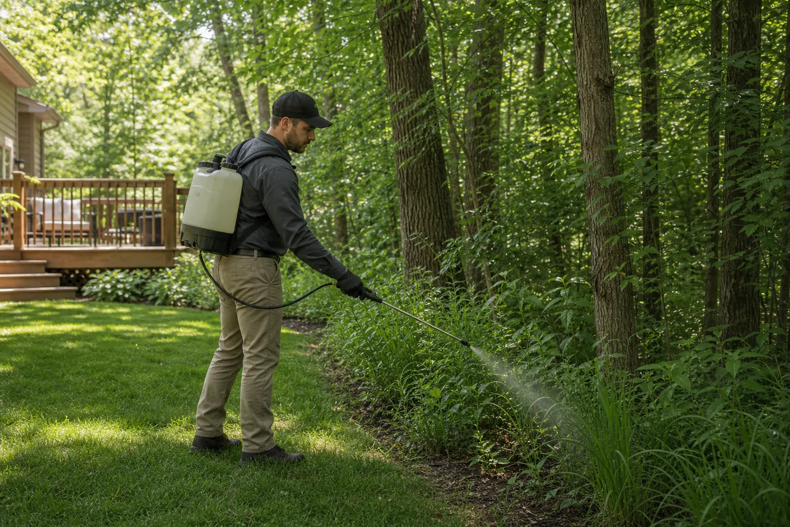 Technician treating backyard shrubs for mosquito and tick control near a patio